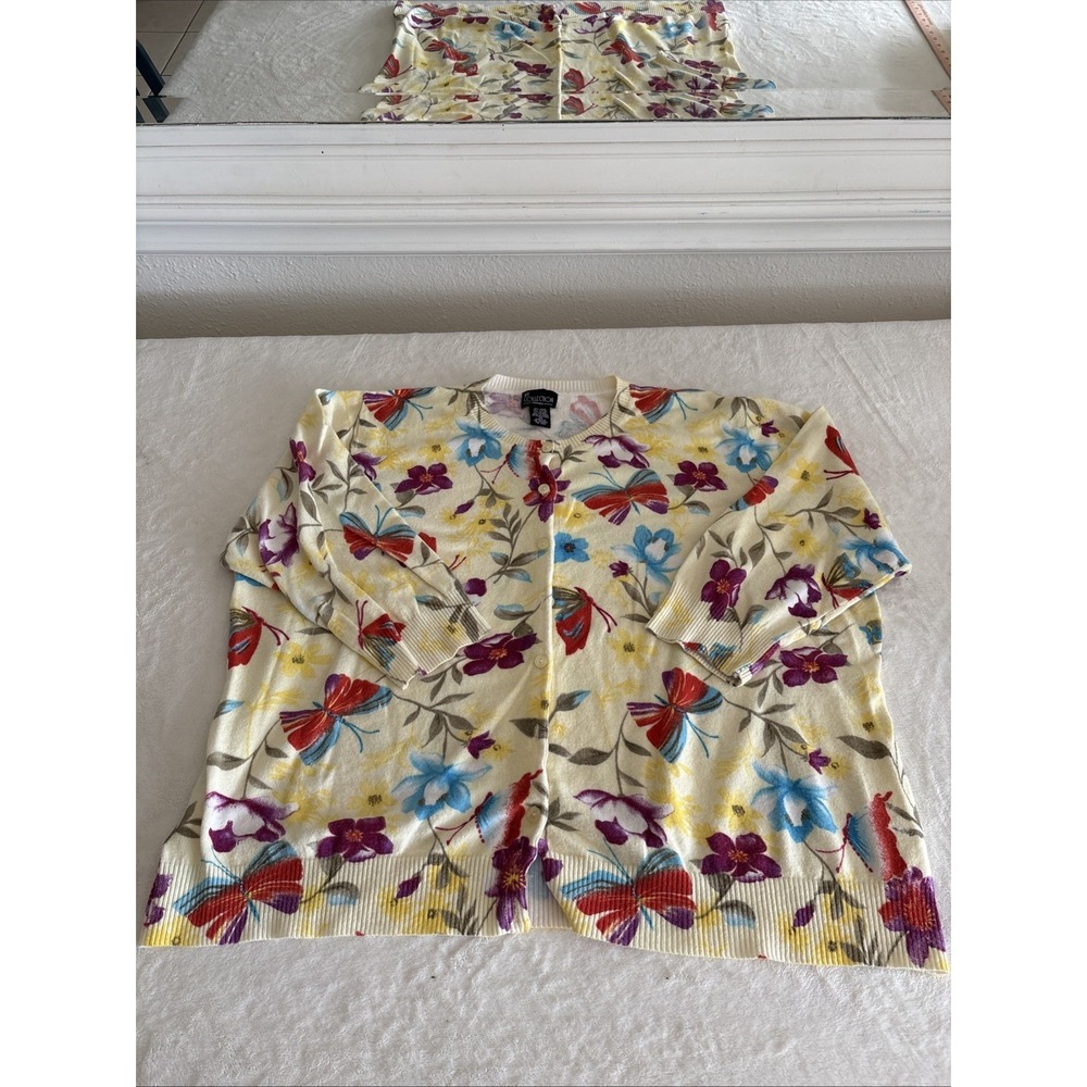 NY Collection Women's 3X Vintage Y2K Yellow Butterfly Floral Cardigan 3/4 Sleeve